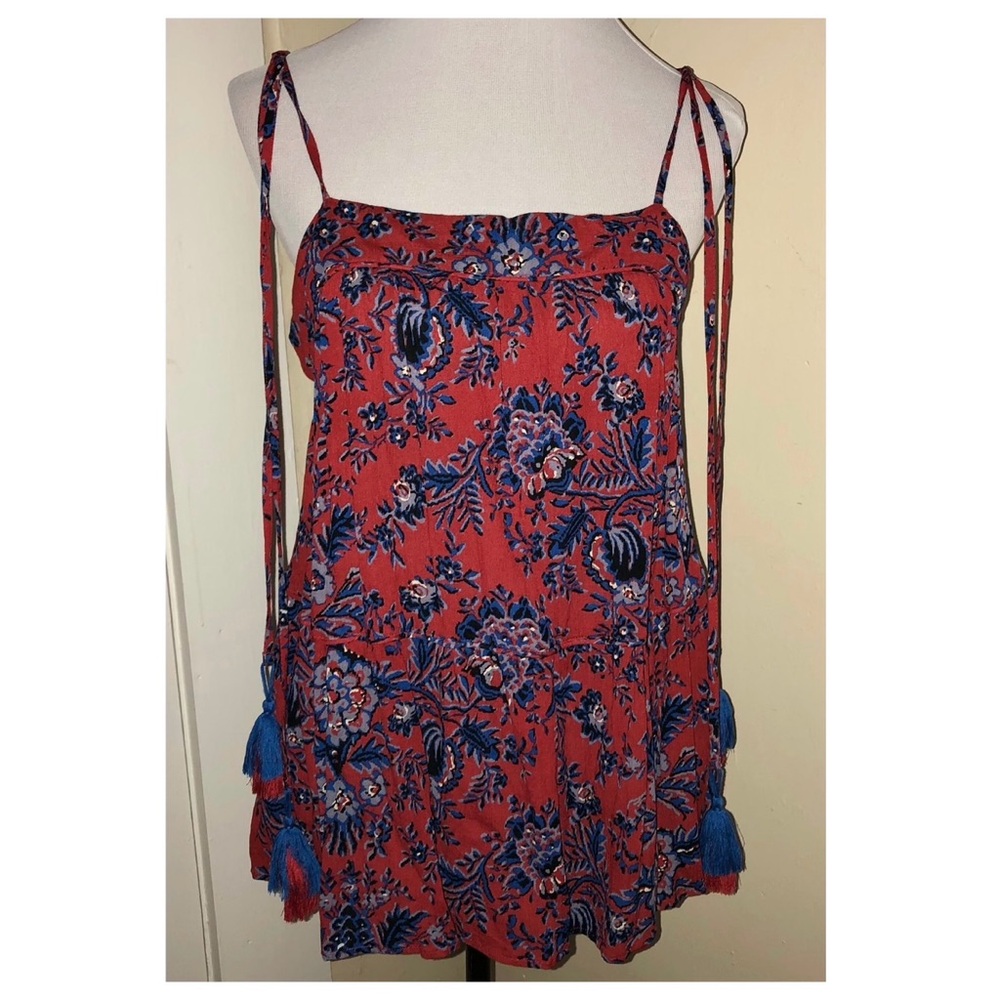 Loft Burgundy Floral Tiered Tassel Trim Spaghetti Strap Top, Sz M